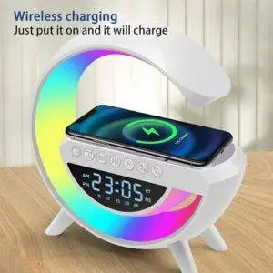 RGB Lights Table Lamp مصباح ليلي 6 في 1 من RGB مع شاحن لاسلكي وبلوتوث, ميكروفون مدمج، يدعم راديو اف ام-TF-AUX،مع ساعة ومنبه بجانب السرير، أرقى ديكور للغرفة,