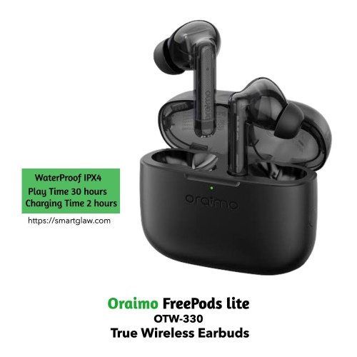Oraimo FreePods Lite OTW-330 توفر ما يصل إلى 8 ساعات وقت التشغيل بشحنة واحدة مع حافظة الشحن التي توفر 32 ساعة إضافية، مقاوم للماء IPX4، إلغاء الضوضاء ENC