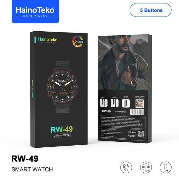 Haino Teko RW-49 ساعة ذكية بشاشة AMOLED كبيرة الحجم مستديرة الشكل ,متوافقة مع أجهزة اندرويد وأيفون ,شاشة اموليد الكاملة ألوانًا أكثر ثراء ومستويات سطوع أعلى