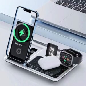 Majentik MW12 Wireless Charger شاحن3x1 موبايل وايربود وساعة ساعة ومنبه حامل موبايل سينسور حركة اضاءة ليلية.قم بتمكين مكتبك باستخدام MW12