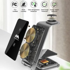 شاحن وَيرليس شاحن3x1 موبايل وايربود وساعة حامل موبايل معدن خامة معدن قوية. أضف لمسة جذابة لحياتك اليومية.