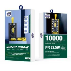 Voivo PB-57 22.5W 10000mAh باوربانك شفاف شحن سريع PD 22.5W بقدرة 10000mAh في الساعة مزود ب10 ليدات إضاءة لإستخدامه في الطوارئ للإضاءة, شاشة LED رقمية.