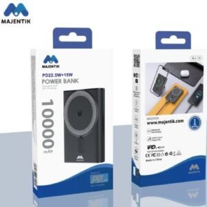 Majentik MJ-19 10000mAh Wireless يدعم الشحن اللاسلكي للأجهزة المتوافقة مع التقنية اللاسلكية يحتوي على مدخل Type-C لشحن الباور بانك نفسه وأجهزتك بنفس المدخل ومخرج آخر USB.