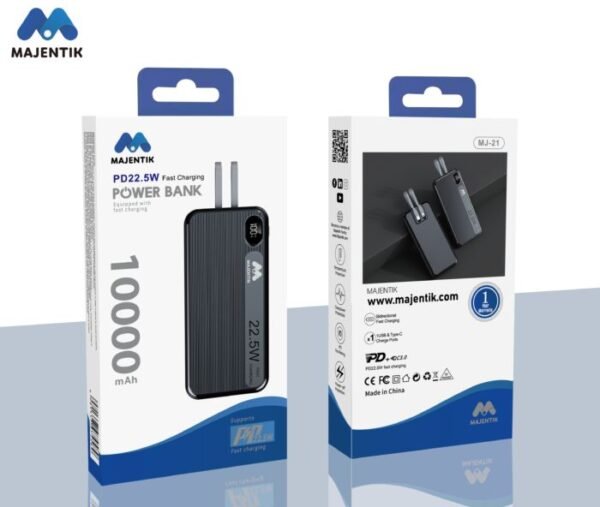 Majentik MJ-21 10000mAh متوافق مع الشحن السريع PD بقوة 22.5W ومؤشر شاشة ديجيتال رقمية LED يعرض مقدار الطاقة المتبقية في الباور بانك.مثالي للسفر لشحن العديد من الأجهزة 3 مخرج (كابل مدمج Lighting وكابل مدمج Type-C وUSB).
