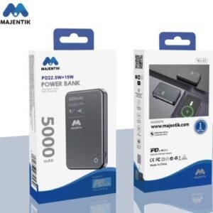 Majentik MJ-23 5000mAh Wireless يدعم الشحن اللاسلكي للأجهزة المتوافقة مع التقنية اللاسلكية بسهولة يحتوي على مدخل Type-C للشحن، مما يسمح لك بشحن الباور بانك نفسه وأجهزتك بنفس المدخل.