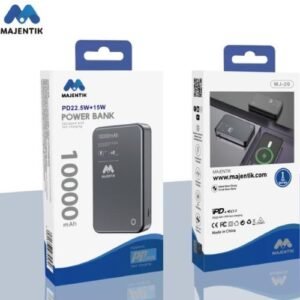 Majentik MJ-23 10000mAh Wireless يدعم الشحن اللاسلكي للأجهزة المتوافقة مع التقنية اللاسلكية بسهولة يحتوي على مدخل Type-C للشحن، مما يسمح لك بشحن الباور بانك نفسه وأجهزتك بنفس المدخل.