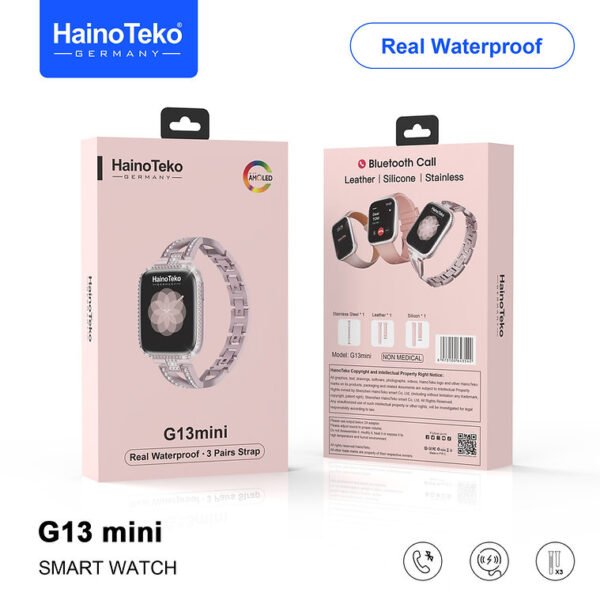 Haino Teko Germany G13 Mini تدعم اللغة العربية، وSiri، وSOS، وأجهزة الإنذار، وتحديثات الطقس، تتميز بشاشة AMOLED عالية الدقة مقاس 42 ملم, تتيح لكِ إجراء المكالمات وإستقبالها وتلقي إشعارات التطبيقات بسلاسة. سواء كنتِ تستخدم Android أو iOS، فهذه الساعة تلبي احتياجاتك.