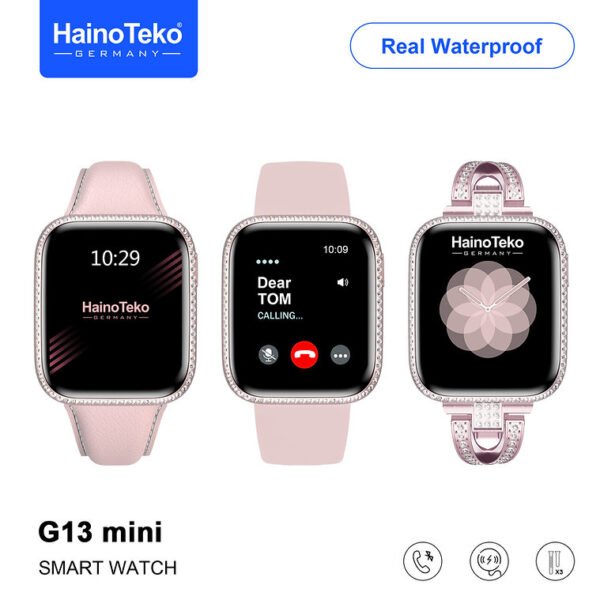 Haino Teko Germany G13 Mini تدعم اللغة العربية، وSiri، وSOS، وأجهزة الإنذار، وتحديثات الطقس، تتميز بشاشة AMOLED عالية الدقة مقاس 42 ملم, تتيح لكِ إجراء المكالمات وإستقبالها وتلقي إشعارات التطبيقات بسلاسة. سواء كنتِ تستخدم Android أو iOS، فهذه الساعة تلبي احتياجاتك.