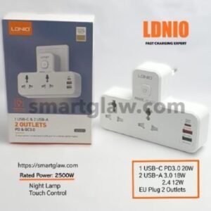 LDNIO SC2311 مشترك بمدخل USB-C PD 3.0 بقوة 20 واط، مما يساعد على شحن الأجهزة بسرعة وكفاءة. كما يحتوي على 2 مدخل USB-A 3.0 بقوة 18 واط،و2 فيشة، بقدرة 2,500W.