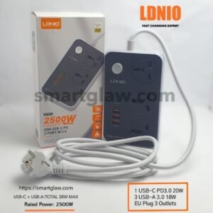 LDNIO SC3412 مشترك بمدخل USB-C PD 3.0 بقوة 20 واط، مما يساعد على شحن الأجهزة بسرعة وكفاءة. كما يحتوي على 3 مدخل USB-A 3.0 بقوة 18 واط،و3 فيشة، بقدرة 2,500W.