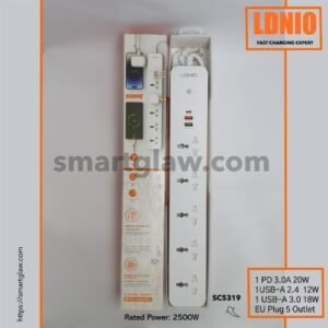 LDNIO  SC5319 مشترك بمدخل USB-C PD 3.0 بقوة 20 واط، كما يحتوي على مدخل USB-A 3.0 بقوة 18 واط، مدخل USB-A 2.4 بقوة 12 واط ، 5 مدخل فيشة، بقدرة 2500W، سلك 2م.