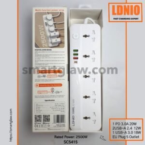 LDNIO  SC5415 مشترك بمدخل USB-C PD 3.0 بقوة 20 واط، كما يحتوي على مدخل USB-A 3.0 بقوة 18 واط، 2 مدخل USB-A 2.4 بقوة 12 واط ، 5 مدخل فيشة، بقدرة 2500W