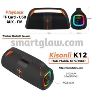Kisonli K12 RGB Music Speaker مكبر صوت بلوتوث على شكل سيارة بسعة بطارية 3600mAh. تصميم لأداء صوتي عالي الجودة، اتصال لاسلكي، يدعم AUX-TF-FM-USB، إضاءة RGB.
