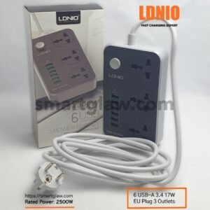 LDNIO SC3604 مشترك ب 6 مدخل USB-A 3.4 بقوة 17 واط، مما يساعد على شحن الأجهزة بسرعة وكفاءة. كما يحتوي على 3 مداخل فيشة تيار متردد، بقدرة 2500W، سلك 2م.