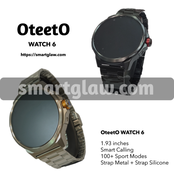 Oteeto Watch 6 ساعة ذكية مع شاشة AMOLED 1.93 Inches، تدعم استقبال الإشعارات, مقاومة للماء بمعيار IP68, إجراء و استقبال المكالمات مباشرة من الساعة.