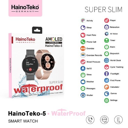 Haino Teko-5 WaterProof شاشة أموليد عالية الدقة بمقاس 1,32 بوصة، إجراء والرد على المكالمات،إلتقاط الصور من الساعة، دعم Always On Display، خلفيات متحركة.