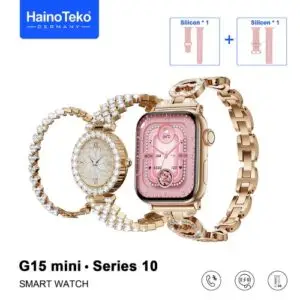 Haino Teko Germany G15 Mini شاشة AMOLED عالية الدقة مقاس 42 ملم, تتيح لكِ إجراء المكالمات وإستقبالها إشعارات التطبيقات. سواء كنتِ تستخدم Android أو iOS.