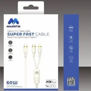 Cable C-009 2IN1 60W+27W تجربة شحن سريعة 100W/27W، كابل 2 في 1 (من Type-C إلى Type-C &Lightning)، ميزة إيقاف الشحن التلقائي لاكتمال الشحن الامن والسريع PD.