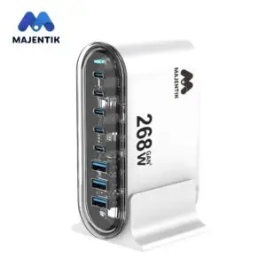 Majentik MC-200 268W قدرة شحن تصل إلى 268 واط، مما يتيح شحن الأجهزة بسرعة،5 مخارج Type-C PD و3 مخارج USB-A، حماية من الشحن والحرارة والتيار الزائد ضمان عام.