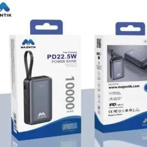 Majentik MJ-25 10000mAh متوافق مع الشحن السريع PD بقوة 22.5W ومؤشر شاشة رقمية يعرض الطاقة المتبقية (مخرج PD ومخرج USB وكابل مدمج 2 في 1 Type-C & Lighting)