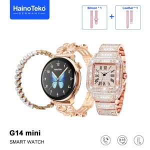 Haino Teko Germany G14 Mini شاشة AMOLED عالية الدقة مقاس 1.30 انش, تتيح لكِ إجراء المكالمات وإستقبالها إشعارات التطبيقات. سواء كنتِ تستخدم Android أو iOS.