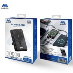 Majentik MJ-27 Wireless 10000mAh تكنولوجيا الشحن المغناطيسي اللاسلكي للموبايل وساعات ابل بقدرة 15W، منفذ Type-C يصل ل 22.5W، و2 كابل مدمج Lightning - Type-C