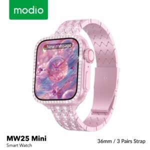 Modio MW25 Mini إجراء والرد على المكالمات, إشعارات التطبيقات, شاشة مقاس 36mm بجودة عالية جداً, سلاسة رهيبة في التنقل بين القوائم, تدعم Android و iOS.