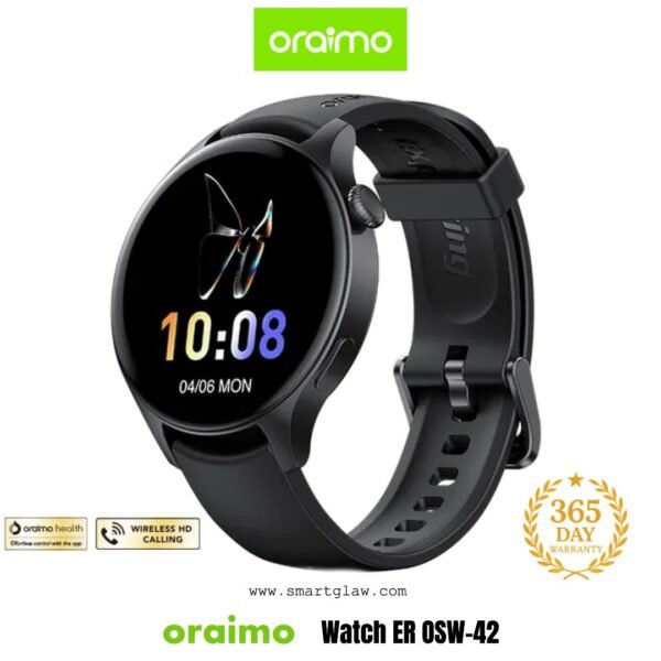 Oraimo Watch ER OSW-42 شاشة AMOLED بمقاس 1.43 بوصة، مكالمات لاسلكية، 100وضع رياضي، مقاومة للماء IP68، تحكم بالكاميرا عن بعد، تطبيق Oraimo Health