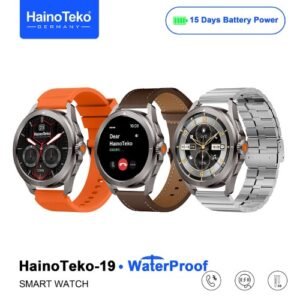 Haino Teko-19 WaterProof شاشة أموليد عالية الدقة، إجراء والرد على المكالمات، تشغيل المقاطع الصوتية من الساعة، إلتقاط الصور من الساعة، الطقس، Siri، NFC.