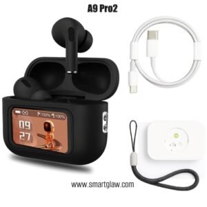 A9 Pro2 Airpods Touch Screen Black سماعة بلوتوث مزودة بشاشة لمس وتطبيق مخصص، تحكم بالموسيقى، مكالمات، نظام تحديد المواقع العالمي (GPS)، رسائل، مساعد صوتي.