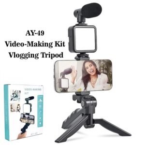 AY-49 Video Making Kit طقم تصوير متكامل مع ميكروفون، إضاءة LED قابلة للتعديل، ترايبود صغير، وريموت Bluetooth لتصوير فيديو احترافي بسهولة.