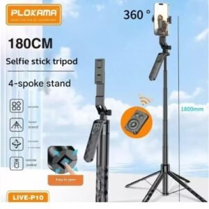Plokama P10 Pro Selfie Stick عصا سيلفي وترايبود بامتداد 180سم مع إضاءة LED وريموت بلوتوث، مثالي لتصوير الفيديو، السيلفي، والبث المباشر بسهولة وثبات ممتاز
