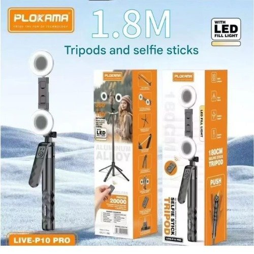 Plokama P10 Pro Selfie Stick عصا سيلفي وترايبود بامتداد 180سم مع إضاءة LED وريموت بلوتوث، مثالي لتصوير الفيديو، السيلفي، والبث المباشر بسهولة وثبات ممتاز