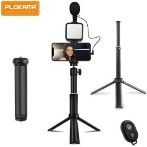 Plokama PK-772 Professional Tripod Kit مع إضاءة LED، ميكروفون، وحامل ثلاثي مثالي لتصوير الفيديو وصناعة المحتوى بجودة واضحة وثبات ممتاز.