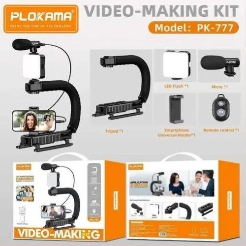 Plokama PK-777 Video Making Kit طقم تصوير شامل مع حامل ثلاثي، ميكروفون عالي الجودة، إضاءة LED قوية، وحامل موبايل عالمي لتصوير فيديو احترافي بسهولة.
