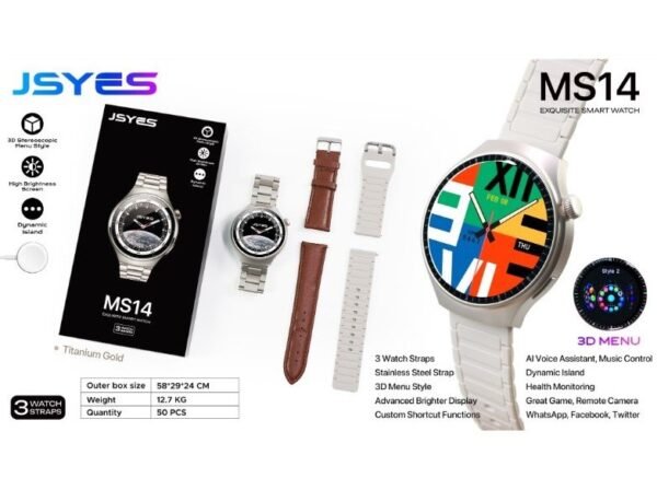 JSYES MS14 Smart Watch شاشة عالية الدقة بمقاس 1,43 بوصة، إجراء والرد على المكالمات، إلتقاط الصور من الساعة، توقيت 12 ساعة أو 24 ساعة، تتوافق Android و iOS.