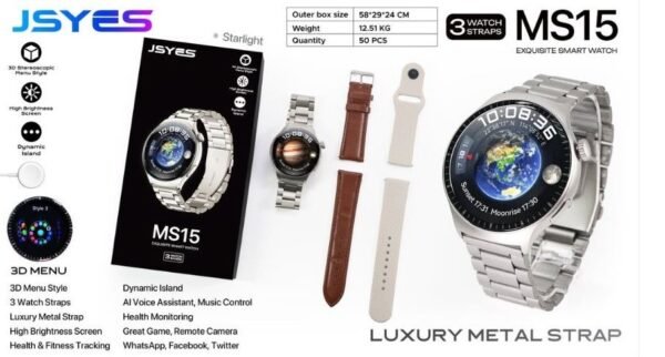 JSYES MS15 Smart Watch شاشة عالية الدقة بمقاس 1,43 بوصة، إجراء والرد على المكالمات، إلتقاط الصور من الساعة، توقيت 12 ساعة أو 24 ساعة، تتوافق Android و iOS.