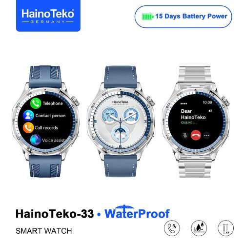 Haino Teko-33 WaterProof شاشة أموليد عالية الدقة بمقاس 1,43بوصة، إجراء والرد على المكالمات، اشعارات التطبيقات، إلتقاط الصور من الساعة، دعم Always On Display