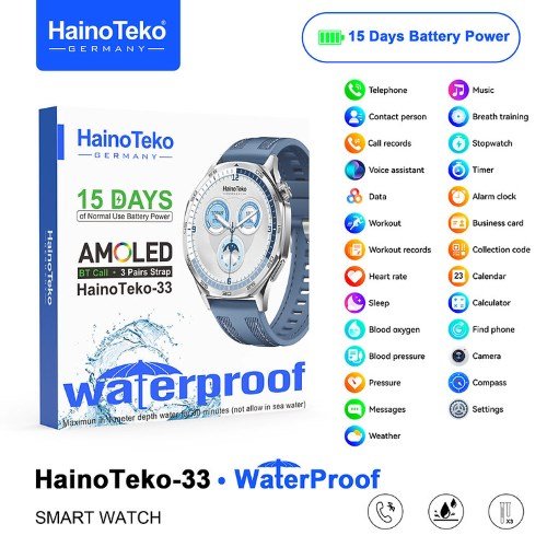 Haino Teko-33 WaterProof شاشة أموليد عالية الدقة بمقاس 1,43بوصة، إجراء والرد على المكالمات، اشعارات التطبيقات، إلتقاط الصور من الساعة، دعم Always On Display