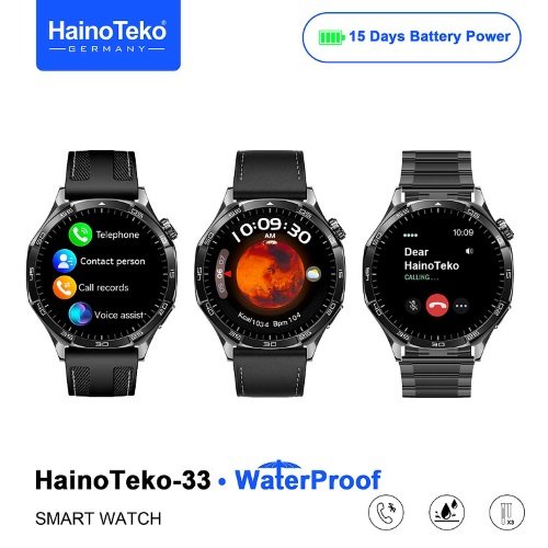 Haino Teko-33 WaterProof شاشة أموليد عالية الدقة بمقاس 1,43بوصة، إجراء والرد على المكالمات، اشعارات التطبيقات، إلتقاط الصور من الساعة، دعم Always On Display