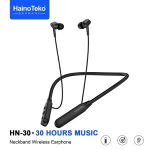 سماعة Haino Teko HN-30 Neckband ببطارية حتى 30 ساعة، اتصال Bluetooth سريع، مايكروفون واضح وتصميم رياضي مقاوم للعرق، مثالية للموسيقى والمكالمات اليومية.