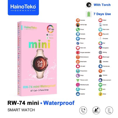 Haino Teko RW-74 Mini شاشة أموليد عالية الدقة كيرف بمقاس 1.34 بوصة، إجراء والرد على المكالمات،إلتقاط الصور، خاصية البحث عن الموبايل والساعة، دعم Nfc.