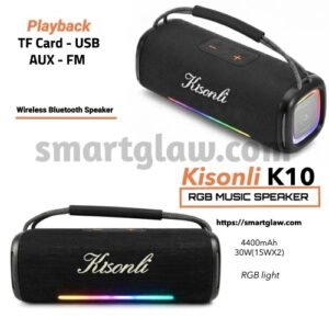 Kisonli K10 RGB Music Speaker مكبر صوت بلوتوث بسعة بطارية 4400mAh. تصميم لأداء صوتي عالي الجودة، اتصال لاسلكي، يدعم AUX-TF-FM-USB، إضاءة RGB، بقوة 30W.