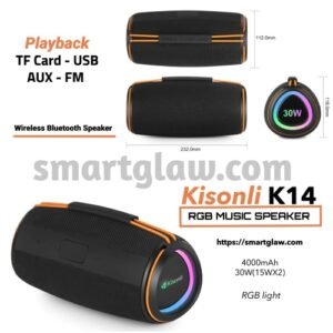 Kisonli K14 RGB Music Speaker مكبر صوت بلوتوث بسعة بطارية 4000mAh. تصميم لأداء صوتي عالي الجودة، اتصال لاسلكي، يدعم AUX-TF-FM-USB، إضاءة RGB، بقوة 30W.