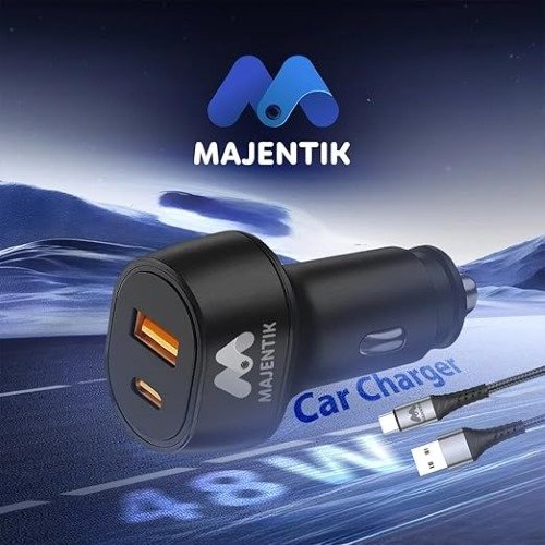 شاحن سيارة Majentik M-CC02 48W Car Charger بمنفذي USB-C وUSB-A ودعم PD & QC للشحن السريع، تصميم ذكي وآمن لتزويد أجهزتك بالطاقة أثناء القيادة.