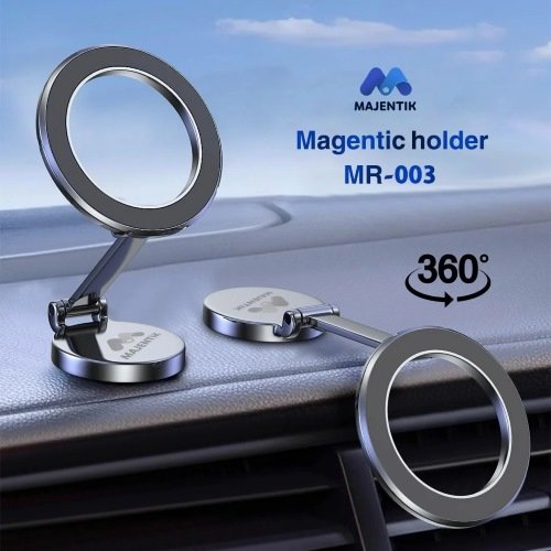 حامل موبايل سيارة Majentik MR‑003 Magnetic Holder مع امتصاص مغناطيسي قوي، دوران 360° وتركيب مرن على اللوحة أو الزجاج — تثبيت آمن وسهل لهاتفك أثناء القيادة.