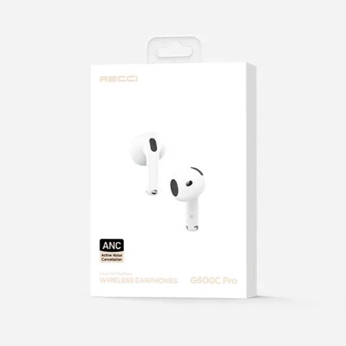 سماعات Recci G600C Pro Wireless Earbuds بتقنية Bluetooth 5.3 مع (ANC)، وضع الشفافية، تحكم باللمس وشحن USB-C ولاسلكي،صوت نقي وراحة استخدام . ضمان محلي عام