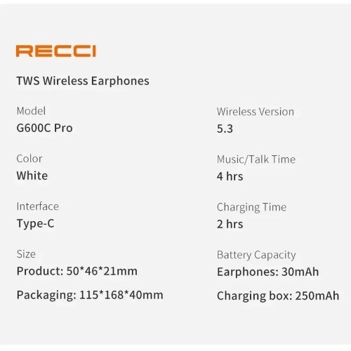 سماعات Recci G600C Pro Wireless Earbuds بتقنية Bluetooth 5.3 مع (ANC)، وضع الشفافية، تحكم باللمس وشحن USB-C ولاسلكي،صوت نقي وراحة استخدام . ضمان محلي عام
