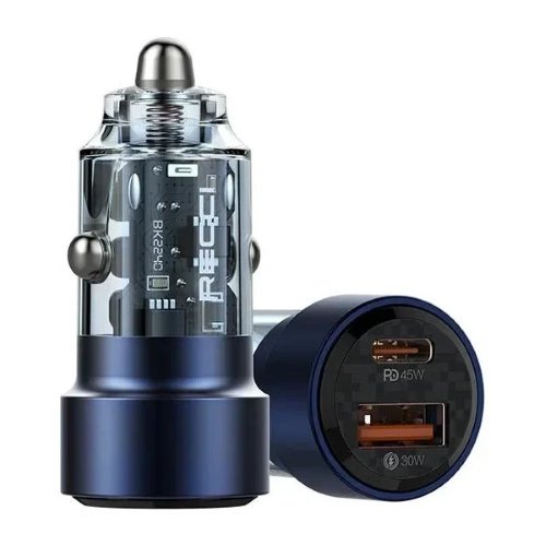 شاحن سيارة Recci RCC-N15 75W Car Charger بقوة 75 W مع منافذ USB-C و USB-A ودعم PD/QC للشحن السريع وآمن لهاتفك وأجهزتك أثناء التنقل، ضمان محلي سنة.