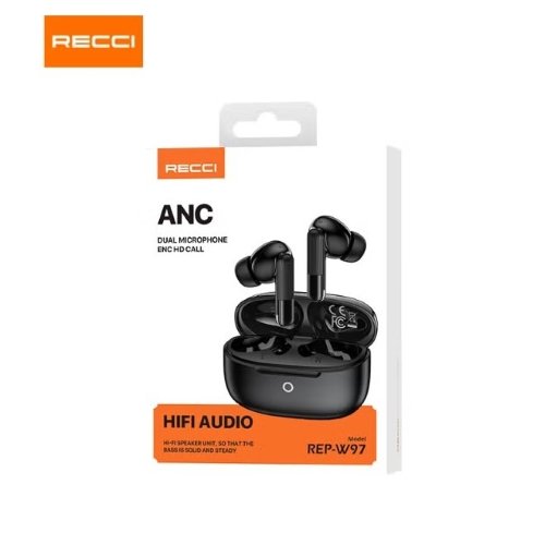 سماعات Recci REP-W97 Wireless Earphones بتقنية Bluetooth 5.3 وجودة صوت عالية مع تحكم باللمس وبطارية قوية وصوت نقي، مثالية للموسيقى والمكالمات ضمان محلي عام
